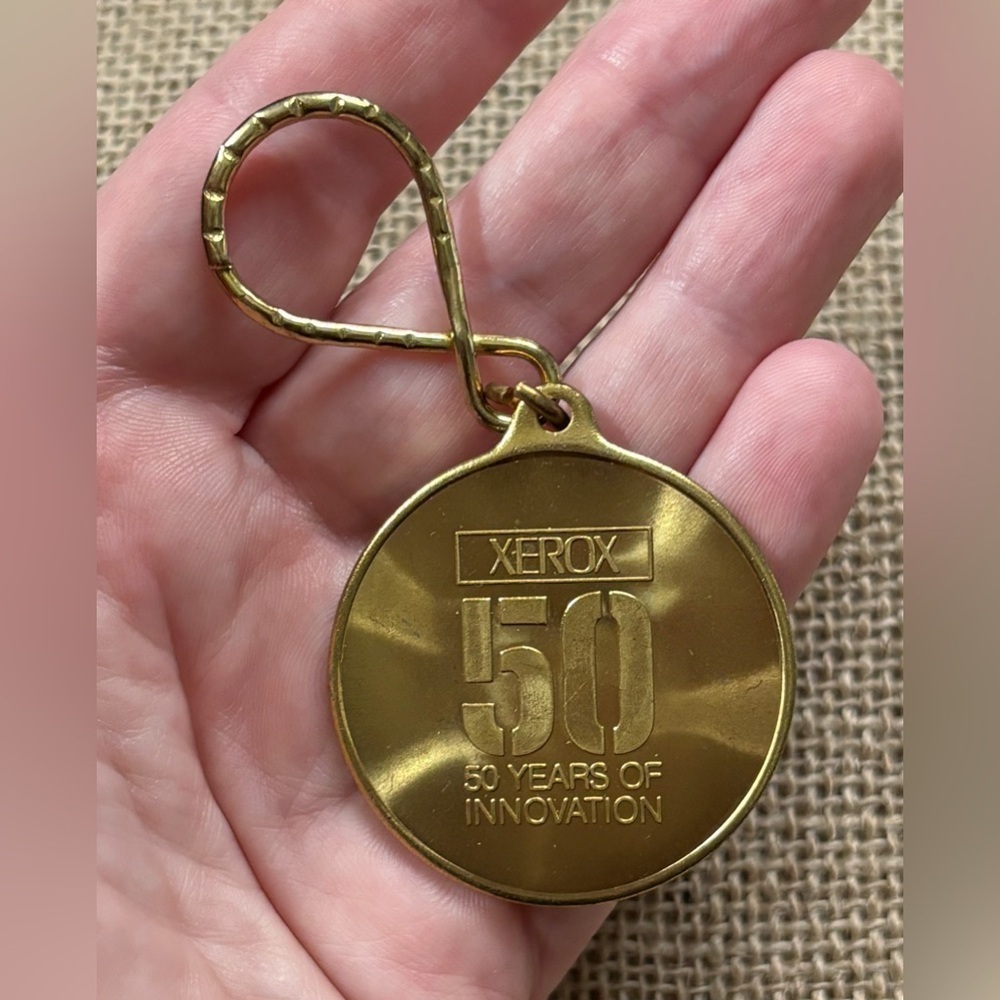 Vintage Xerox Gold Tone Keychain 50 Years Of Innovation Webster Manufacturing
